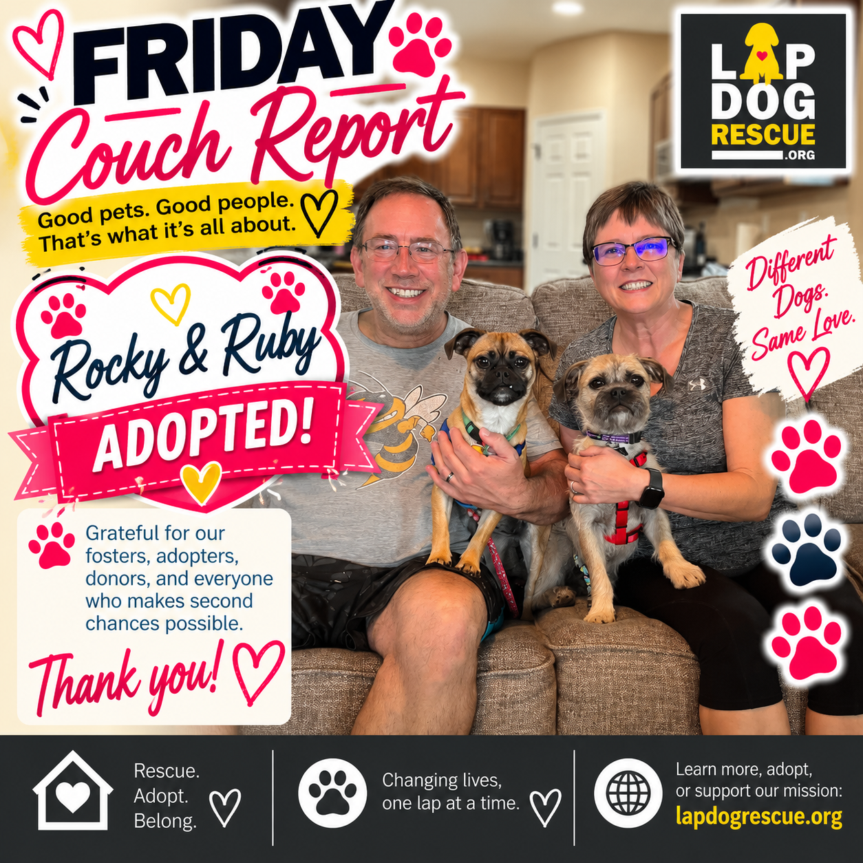 Friday Couch Report celebrating Rocky & Ruby — adopted in October 2026